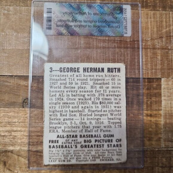Babe Ruth 1949 Leaf #3 custom Baseball card semi rigid case with authentication - Picture 2 of 2